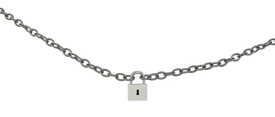 The lock connected two metal chains. White isolated background Stock Illustration