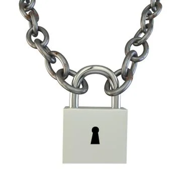 The lock connected two metal chains. White isolated background Illustrazione stock