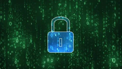 Lock Cyber Security Key in Matrix Binary Code Random Number Falling Backgroun Stock Photos
