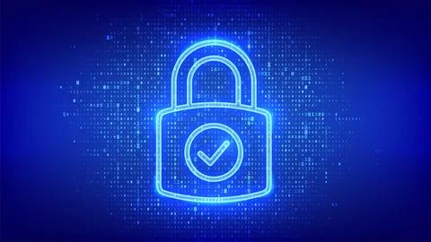 Lock. Cyber security. Padlock with Check mark icon made with binary code. Pro Stock Illustration