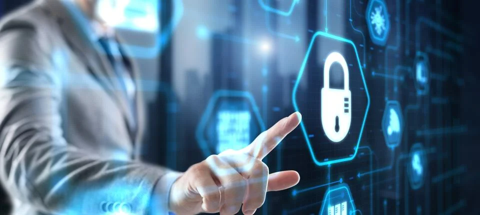 Lock Cyber Security on Virtual Screen Data Protection Technology Privacy concept Stock Photos