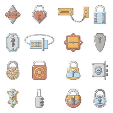Lock door types icons set, cartoon style Stock Illustration