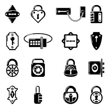 Lock door types icons set, simple style Stock Illustration
