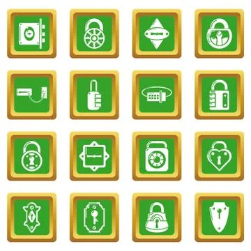 Lock door types icons set green square vector Stock Illustration