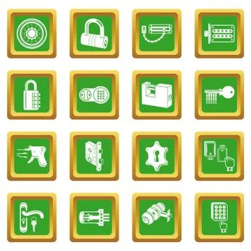 Lock door types icons set green square vector Stock Illustration