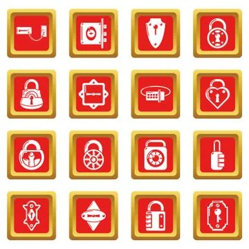 Lock door types icons set red square vector Stockillustratie