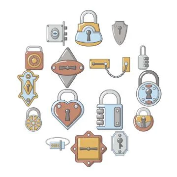 Lock door types icons set, cartoon style Stock Illustration