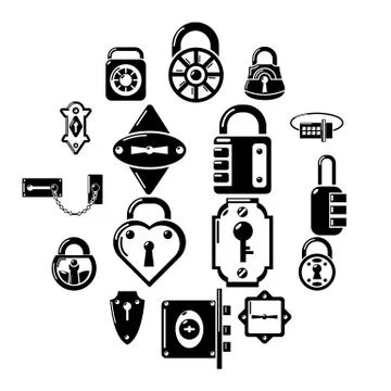 Lock door types icons set, simple style Stock Illustration