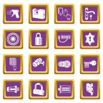 Lock door types icons set purple square vector Stock Illustration