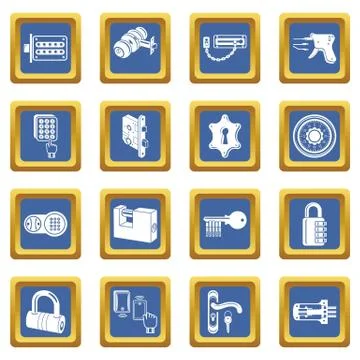 Lock door types icons set blue square vector Stock Illustration