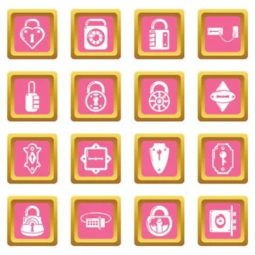 Lock door types icons set pink square vector Stock Illustration