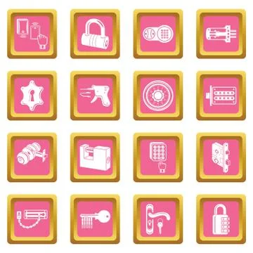 Lock door types icons set pink square vector Stock Illustration