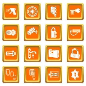 Lock door types icons set orange square vector Stock Illustration