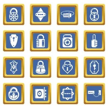 Lock door types icons set blue square Stock Illustration