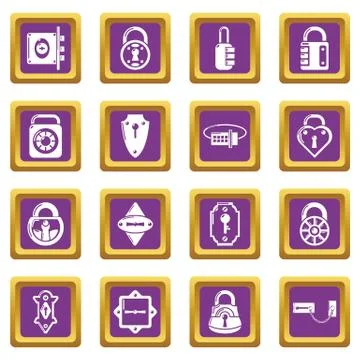 Lock door types icons set purple square Stock Illustration