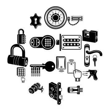 Lock door types icons set, simple style Stock Illustration