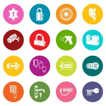 Lock door types icons set colorful circles vector Stock Illustration