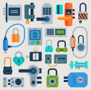Lock door vector flat icons set security house protection concept Safety Stock Illustration