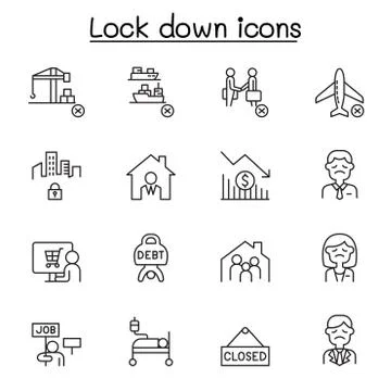 Lock down icons set in thin line style Illustrazione stock