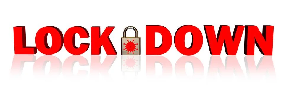 LOCK DOWN - red lettering with closed padlock including virus sign Illustrazione stock