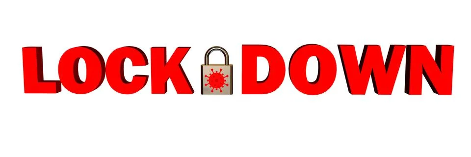 LOCK DOWN - red lettering with closed padlock including virus symbol Illustrazione stock