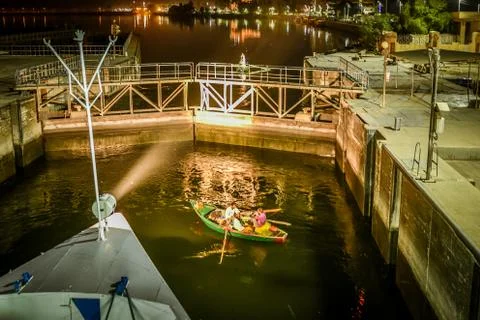 The lock of Esna in the river Nile at night, Stock Photos