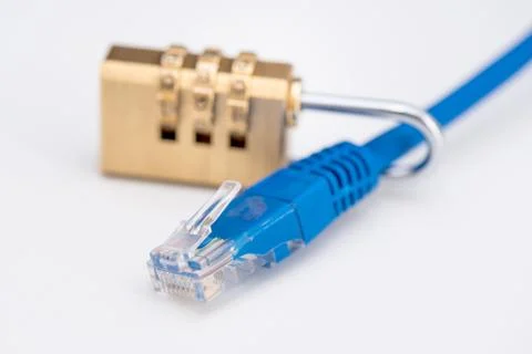 Lock on ethernet wire. Internet security 스톡 사진