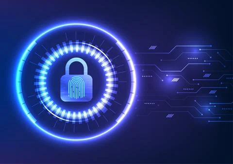 Lock with a fingerprint scanner, a glowing technology circle, and a circuit.. Stock Illustration