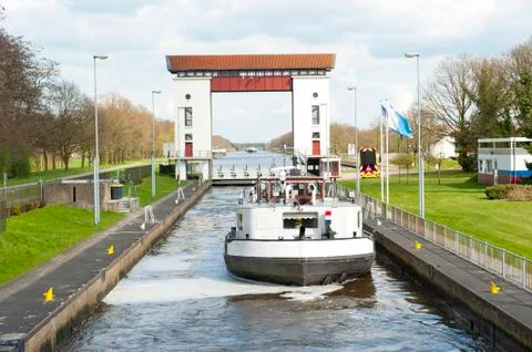Lock gates and channels with boat Stock Photos