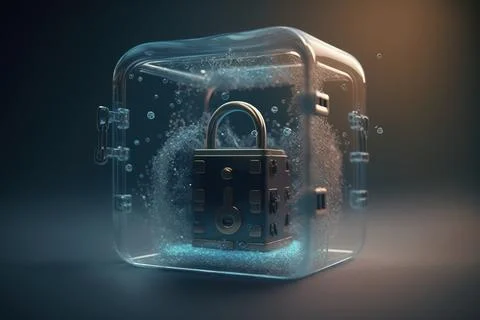 A lock in a glass container with bubbles and bubbles around it on a dark ba.. 스톡 일러스트