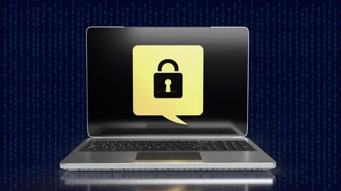 The lock gold icon on notebook for Cybersecurity 3d rendering Stock Illustration
