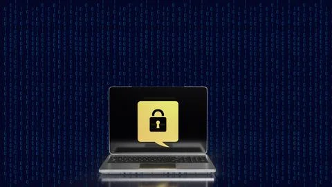 The lock gold icon on notebook for Cybersecurity 3d rendering 스톡 일러스트
