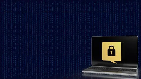 The lock gold icon on notebook for Cybersecurity 3d rendering Stock Illustration