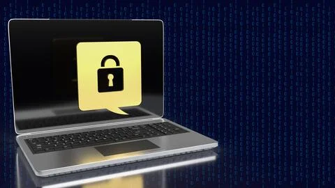 The lock gold icon on notebook for Cybersecurity 3d rendering Illustrazione stock