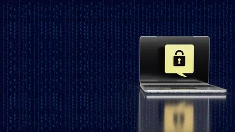 The lock gold icon on notebook for Cybersecurity 3d rendering Stock Illustration
