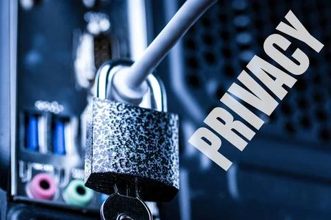 Lock hanging on a network cable. Stock Photos