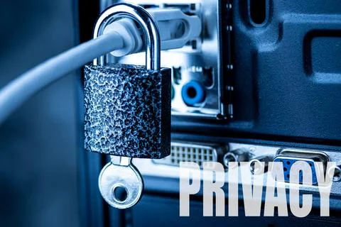 Lock hanging on a network cable. Stock Photos