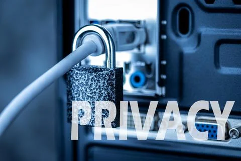 Lock hanging on a network cable. Stock Photos