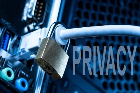Lock hanging on a network cable. Stock Photos