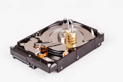Lock on hdd or harddrive, part of computer, cyber security  스톡 사진