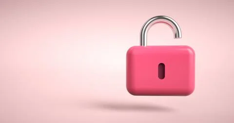 Lock icon. 3d padlock on pink abstract background. minimal concept. Stock Photos