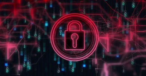 Lock icon and binary code, cybersecurity image over digital background Stock Photos