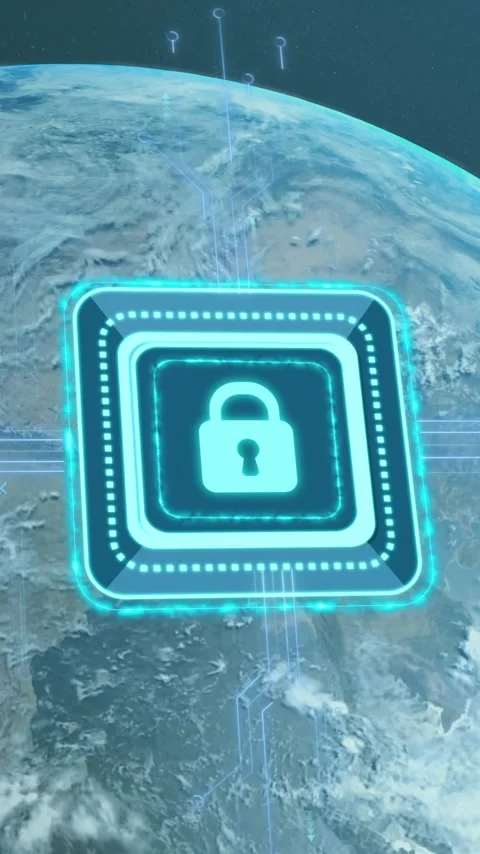 Lock icon and circuit lines animation over Earth from space Stock Footage 343091685