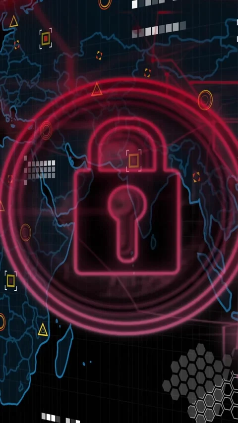 Lock icon and cybersecurity animation over world map with data points Stock Footage 342010658