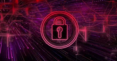 Lock icon and digital security image over abstract purple and red background Stock Illustration