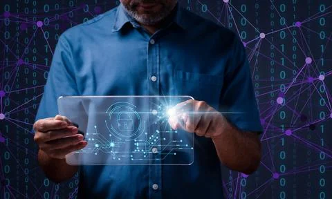 Lock icon and internet network security technology. Businessman touching to.. Stock Photos