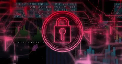 Lock icon and security image over financial data and charts Stock Illustration