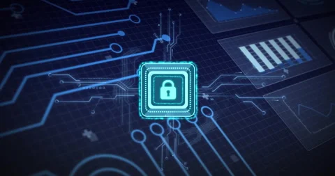 Lock icon appearing and pulsing on grid while circuit lines fanning, panels Stock Footage 309678074