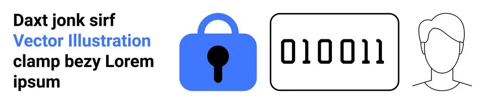 Lock icon, binary code, and user profile on white background. Ideal for cyber 库存插图