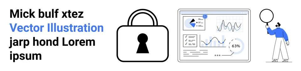 Lock icon, dashboard screen with data charts, person pointing at speech bubbl Stock Illustration